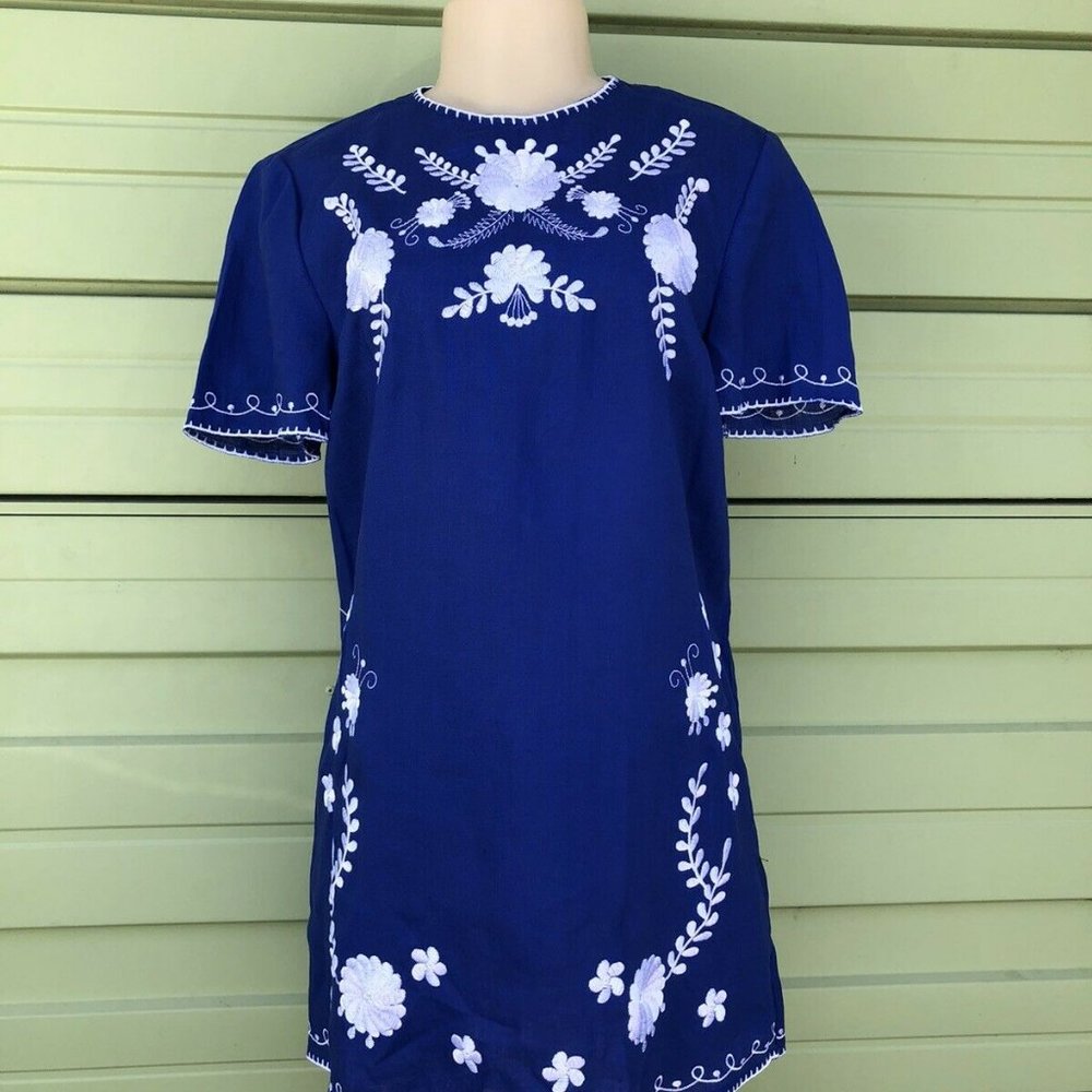 ZARA Women BLUE Mini Shift Dress Embroidered xs